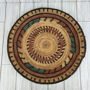 Vintage Handmade Native Basket Round Platter Plate Wall Decor Green Pink Black